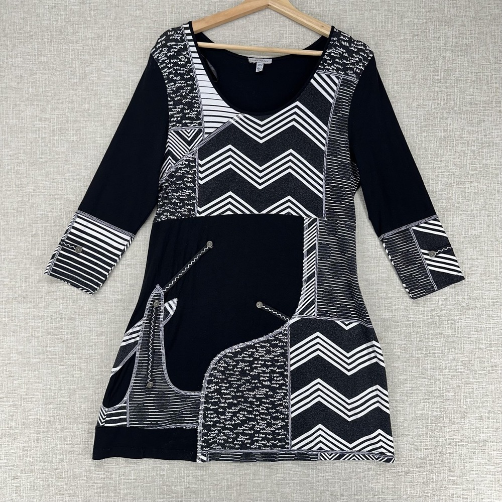 Linea Domani‎ Tunic Top Womens Medium Black White Geo Print 3/4 Sleeve Patchwork